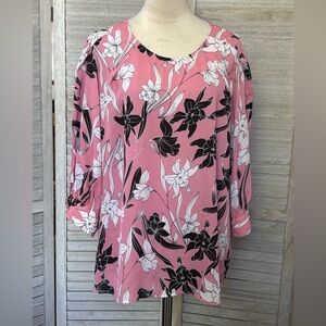 Worthington Women’s SZ XXL PinkBlack&White 3/4 Sleeve Blouse Lily Floral Pattern